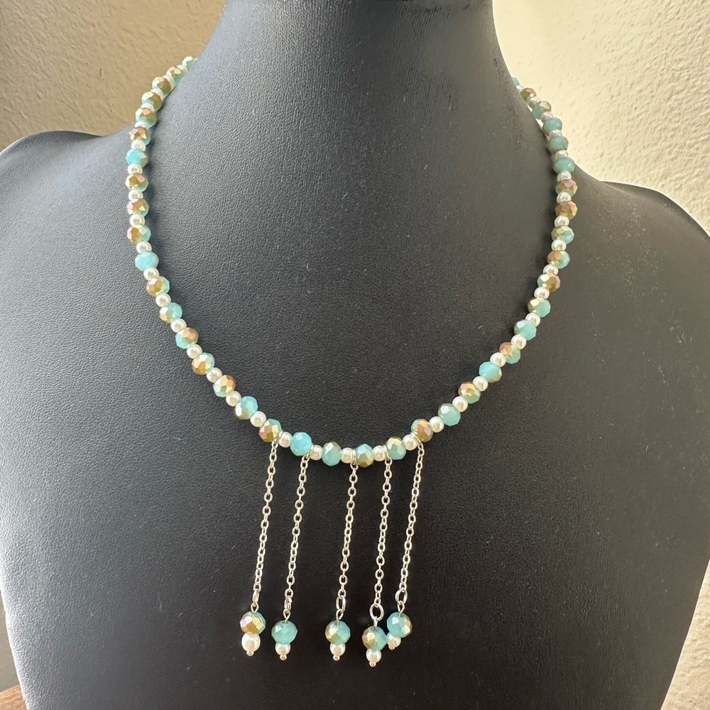 Turquoise and Silver Beaded Necklace with Fringe